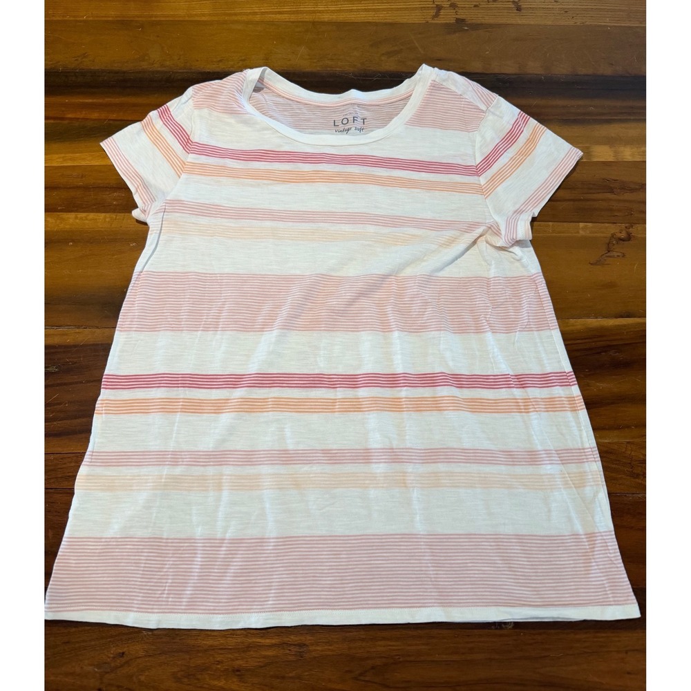 Loft Vintage Soft Striped T-Shirt Pink Orange White Short Sleeve Crew Neck L